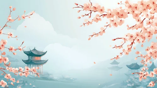 Cherry Blossoms and Pagodas in Tranquil Scene