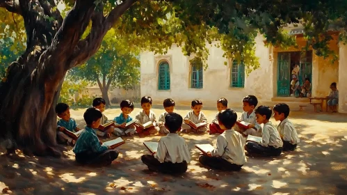 Boys Studying Under Tree