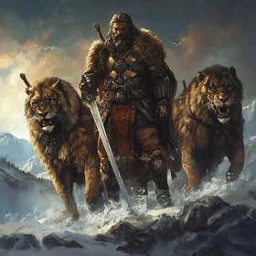 Fantasy Warrior with Lions