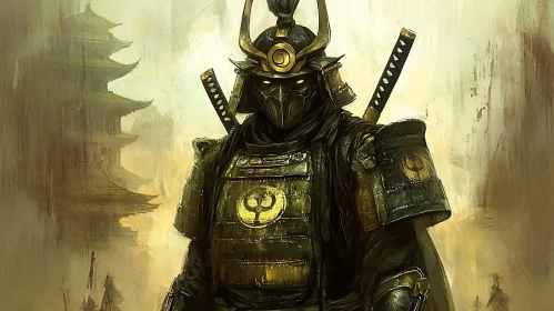 Armored Samurai with Pagoda Backdrop