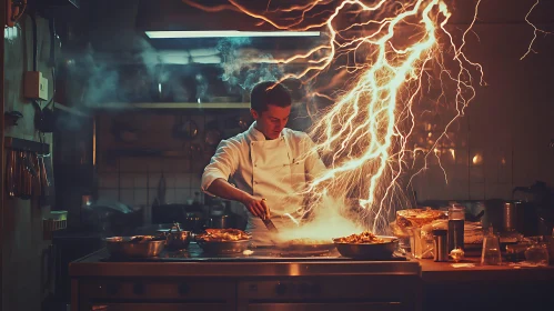 Culinary Lightning: Chef in Kitchen Blaze