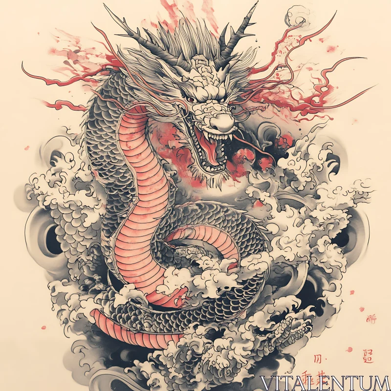 AI ART Dragon in Clouds with Red Ink Accents