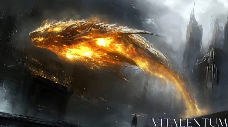 Dragon Ablaze in Ruined Metropolis AI Image