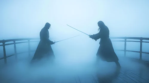 Foggy Duel: Warriors in Silhouette