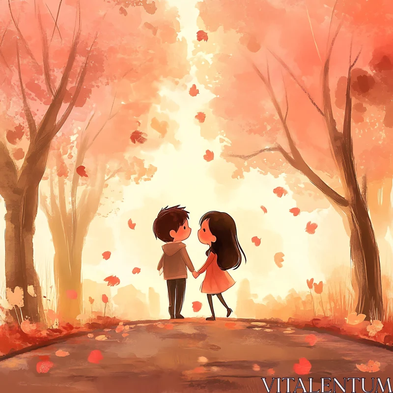 Autumnal Romance: A Cartoon Couple's Stroll AI Image