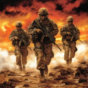 Camouflaged Soldiers Marching Towards Sunset