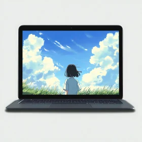 Serene Anime Landscape Displayed on Laptop