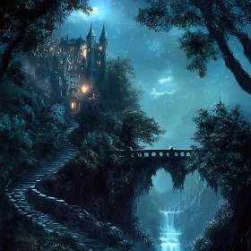 Fantasy Castle with Bridge and Waterfall