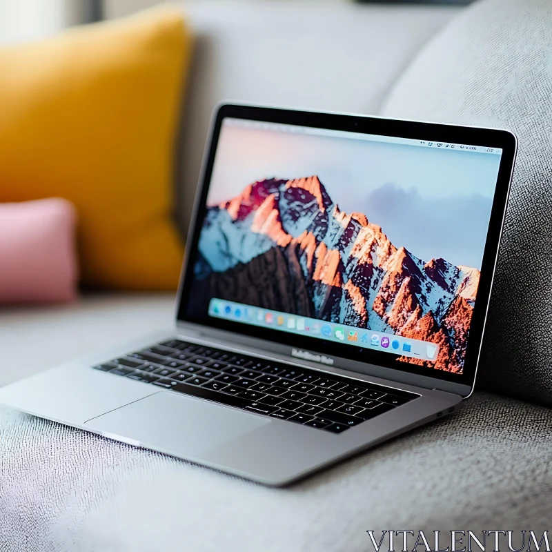 Sleek Laptop on Couch with Mountain Display AI Image