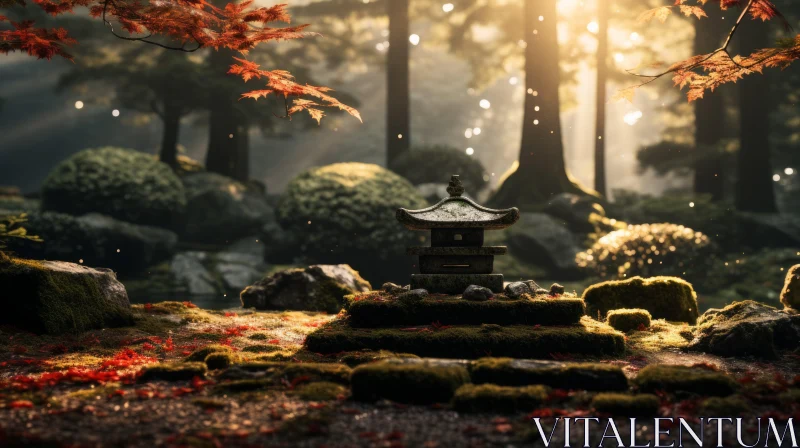 Japanese Autumn Garden with Lantern and Stones AI Image