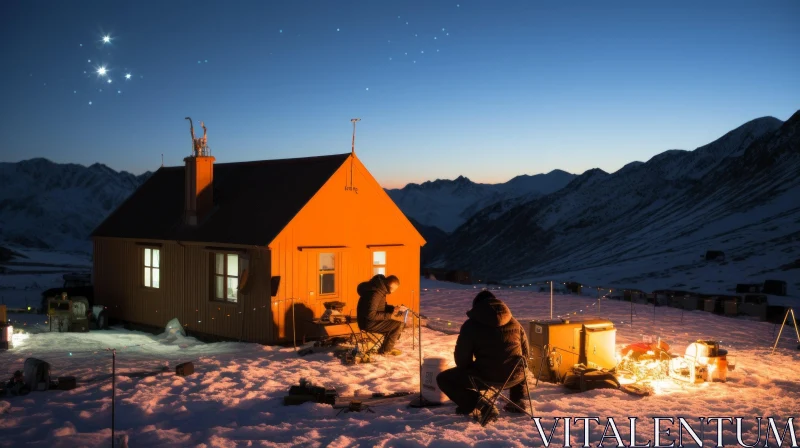 Mountain Cabin with Lantern Lights - Atmospheric Horizons AI Image