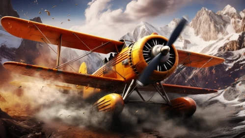 Orange Biplane Above Mountains - A Photorealistic Masterpiece
