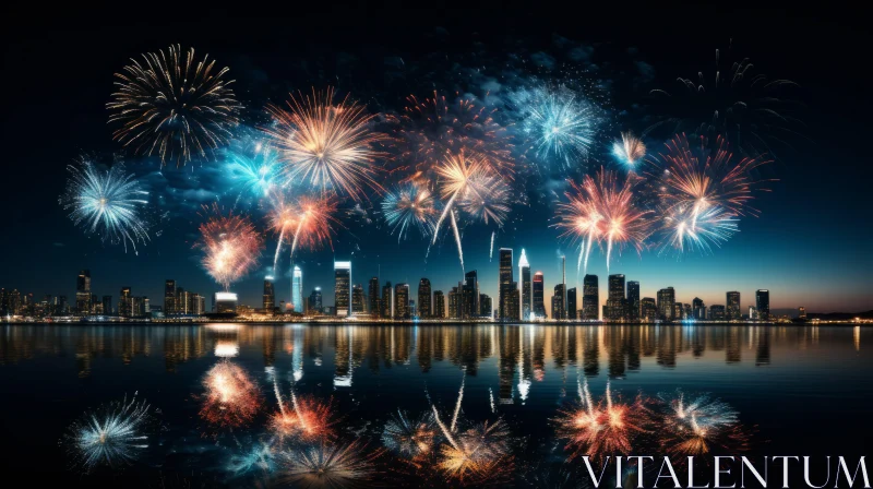 Spectacular Fireworks Display over Cityscape Reflecting in Water AI Image