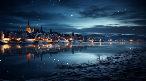 Winter Nightscape: A Riverside Town Under a Starlit Sky