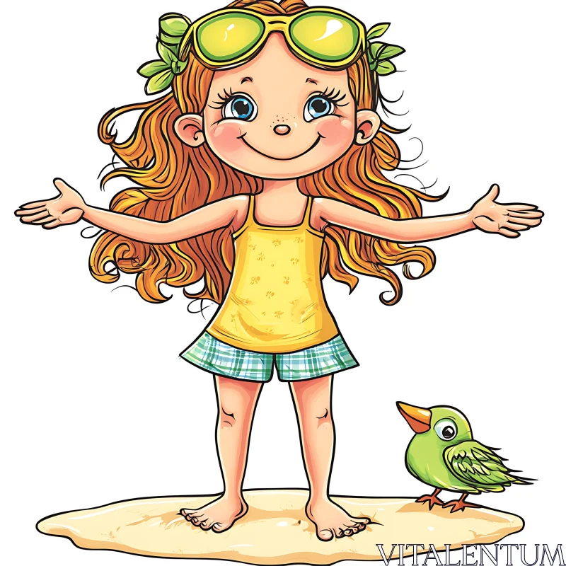 AI ART Cartoon Girl and Bird on the Beach