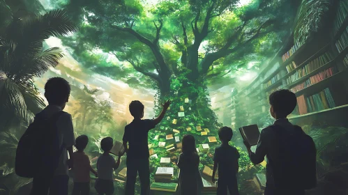 Children Reading Near Magical Book Tree