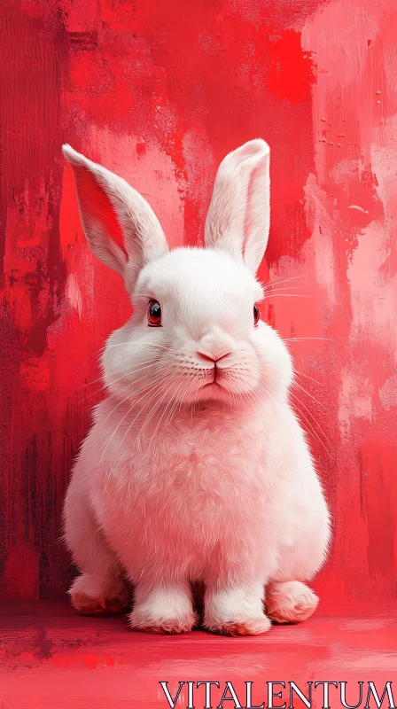 AI ART Adorable Fluffy Rabbit Against Red Background