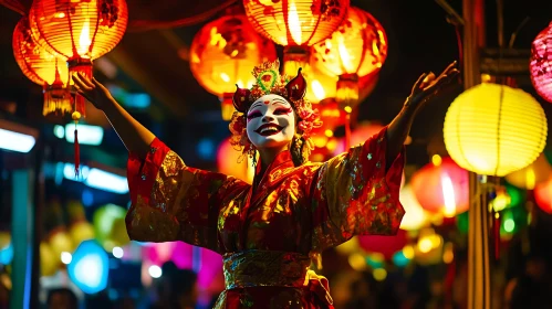 Celebration with Lanterns and Masked Person