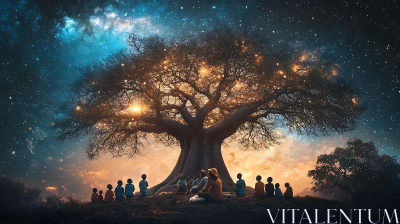 Children Gather Under the Cosmic Tree AI Image