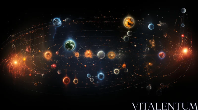 3D Solar System Image: Planets in Intertwined Networks on Black Background AI Image