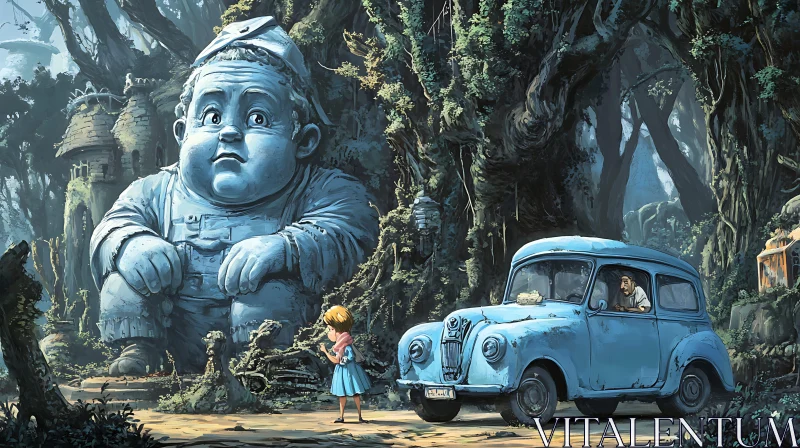 AI ART Whimsical Forest Scene with Statue and Car