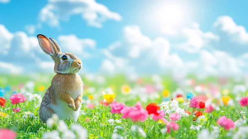 Springtime Bunny in Blooming Flowers