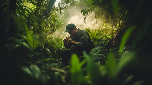 Man Lighting Cigarette in Green Forest