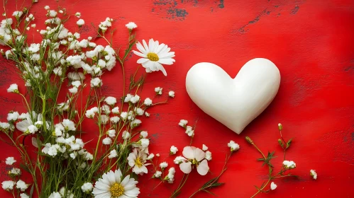 White Heart with Daisies on Red