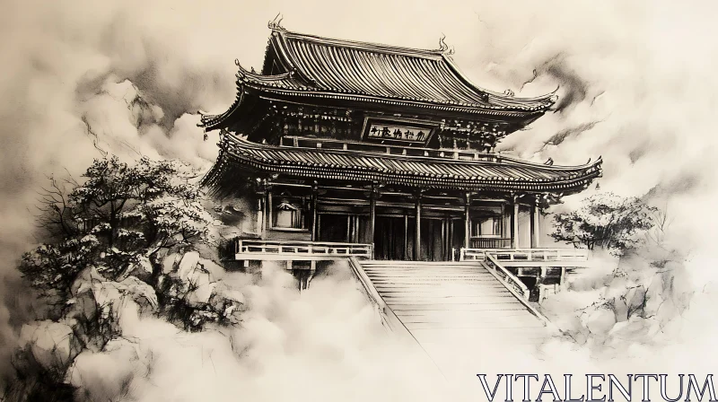 AI ART Asian Temple in the Mist Art