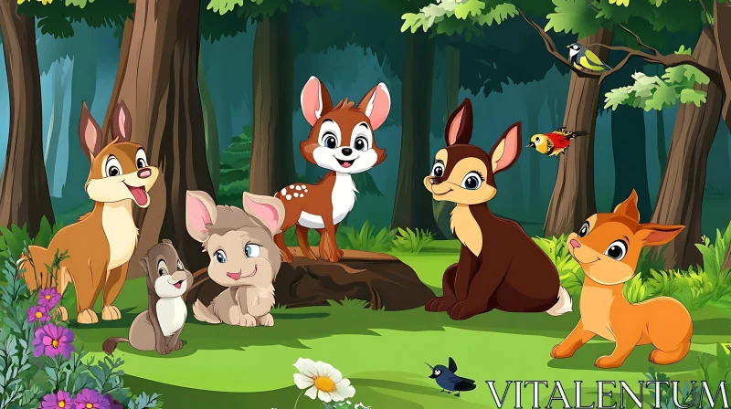 Cute Forest Creatures in a Whimsical Cartoon Scene AI Image