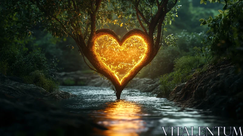 AI ART Glowing Heart Tree River Landscape