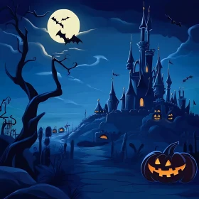 Halloween Night with Castle and Pumpkin