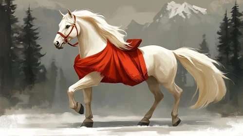 Horse with Red Cape in Snowy Mountains