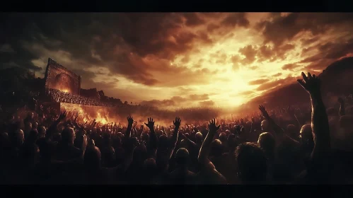 Silhouette Crowd Reaching for the Sky