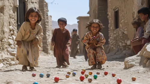 Village Children Playing Marbles