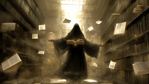 Mystical Library Scene with Cloaked Figure