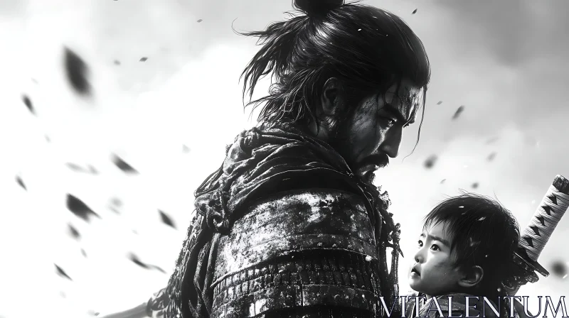 AI ART Black and White Warrior with Child