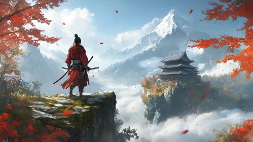 Warrior Overlooking Distant Temple Scenery