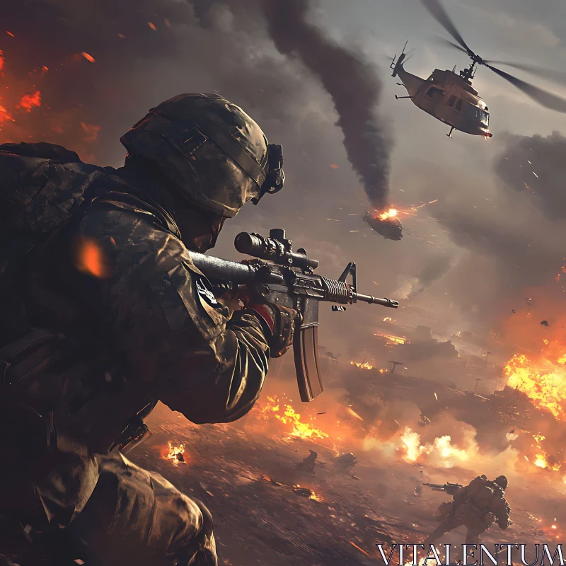 Fiery Battlefield with Soldier and Helicopter AI Image