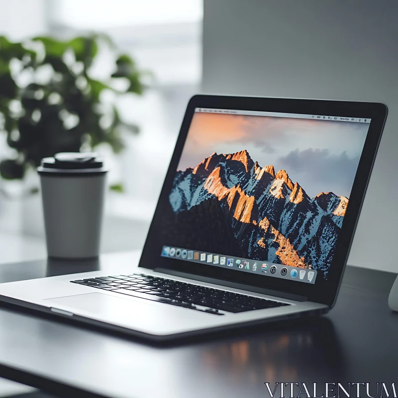 Minimalist Desk with Laptop and Nature Background AI Image