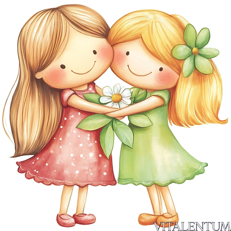 Two Cartoon Girls Embracing with Flower AI Image