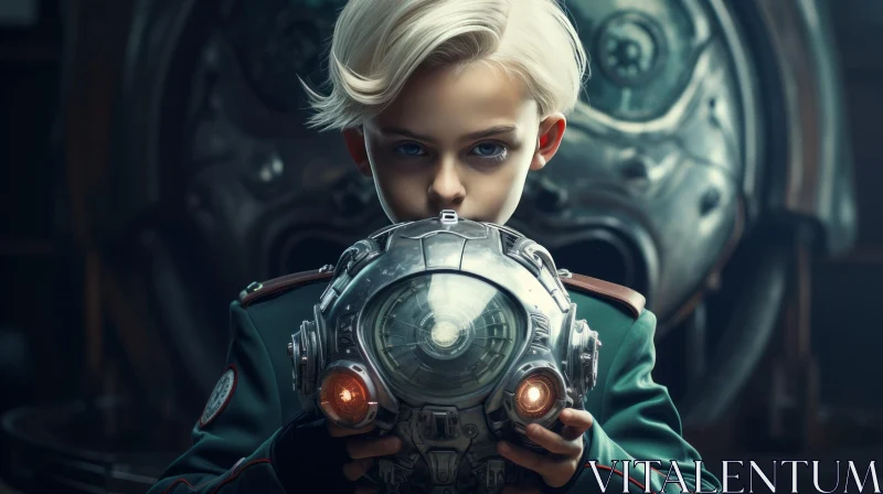 Captivating Portrait of a Boy with a Clockwork Globe in Cyberpunk Realism Style AI Image