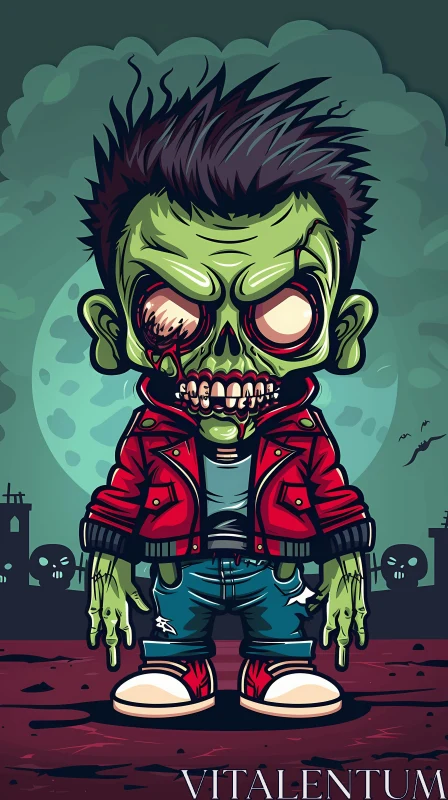 Cartoon Illustration of a Zombie Boy in a Graveyard AI Image