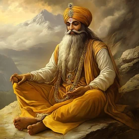 Golden Man Meditating on Mountain Peak
