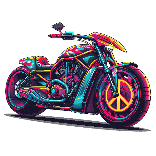 Colorful Cartoon Motorcycle with Peace Sign for T-Shirt Design