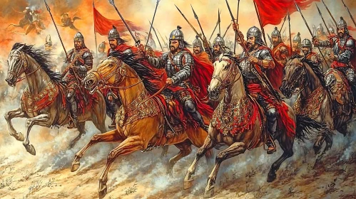 Historical Painting of Cavalry Warriors Attack