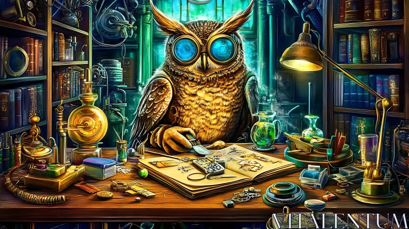 Owl Inventor in Steampunk Setting AI Image