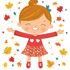 Cartoon Girl in Autumn Leaves