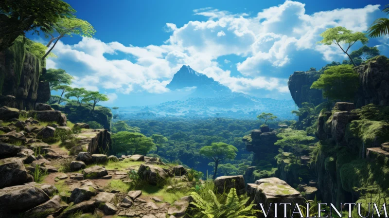 Enchanting Mountainous Vista in a Rainforest Game Art AI Image