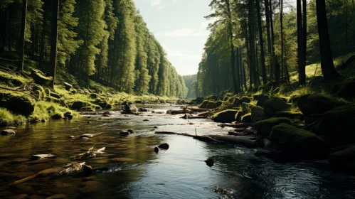 Enchanting River Amidst Woodland - A Photorealistic Representation